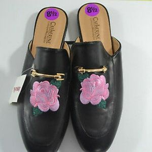 Catherine Malandrino Mules 8.5 Pink Black Rose Emb